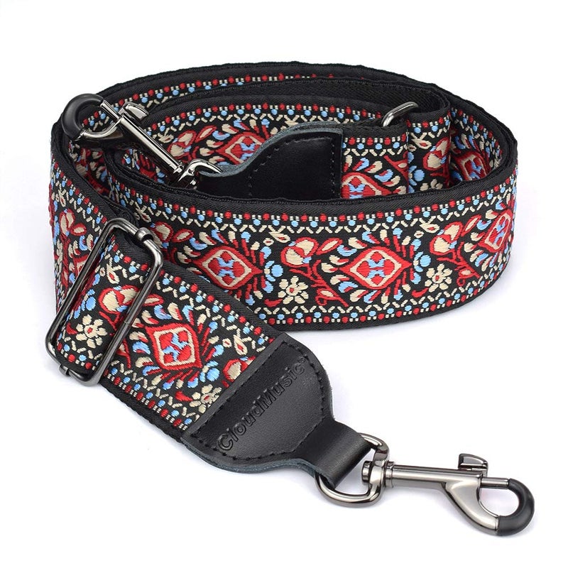 CLOUDMUSIC Banjo Strap Guitar Strap For Handbag Purse Jacquard Woven With Leather Ends And Metal Clips(Red Pattern) - Image 1